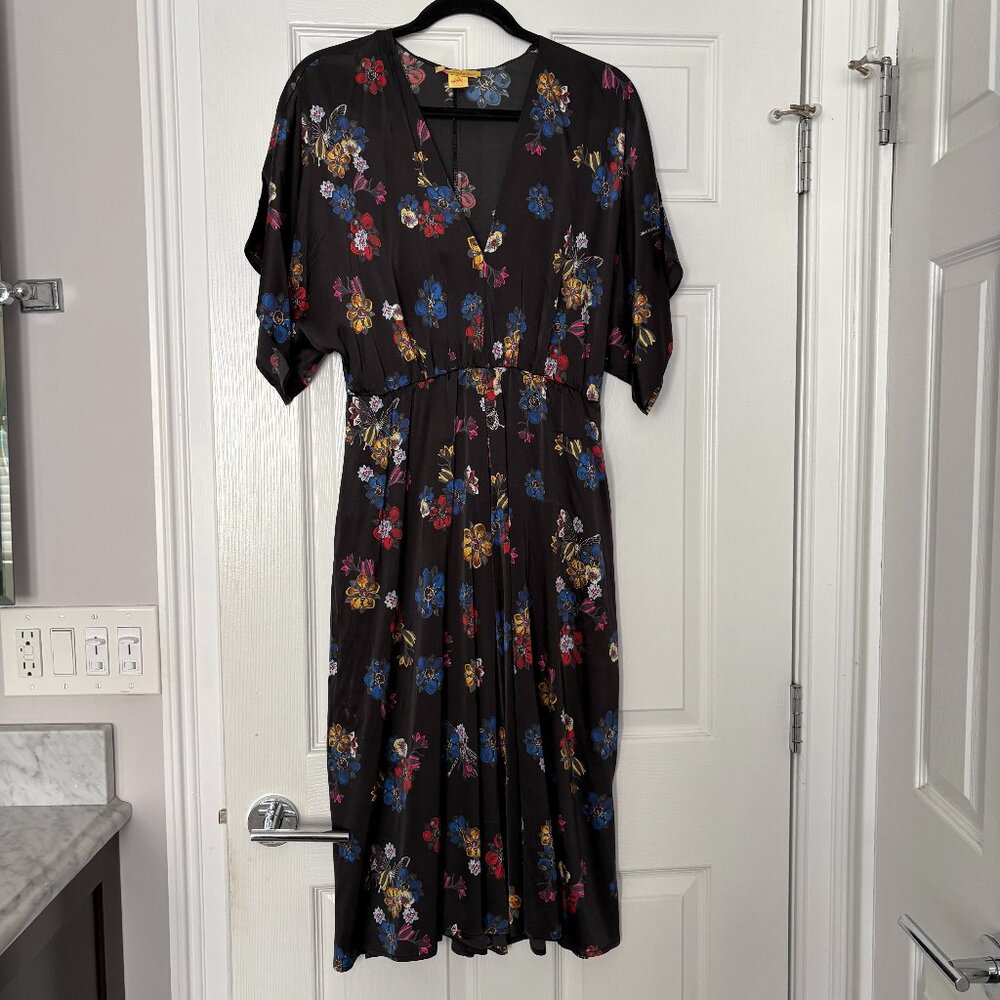 Catherine Malandrino Women's Black Floral Print Silk Blend Dress Quiet Luxury 10